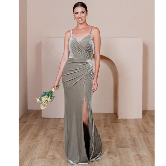 slim fit dress slacks Wedtrend Women Dusty Sage Bridesmaid Dress with Slit A Line Cold Shoulder Jacquard Burnout Velvet Maxi Wedding Guest Dress, Dusty Sage / US4 main image 0